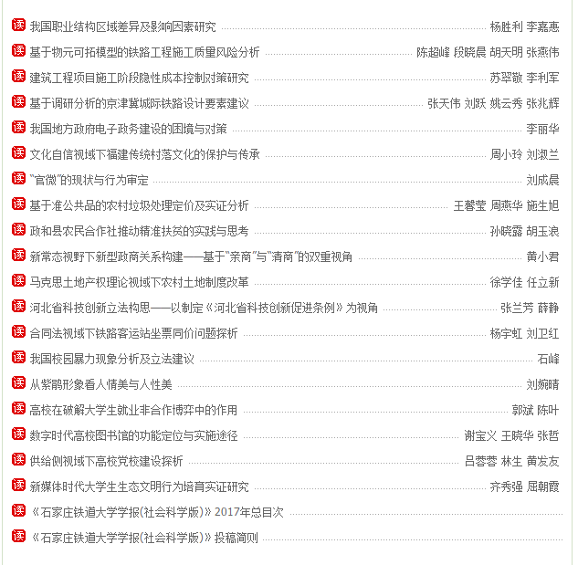 《石家莊鐵道大學(xué)學(xué)報(bào)(社會(huì)科學(xué)版)》最新目錄